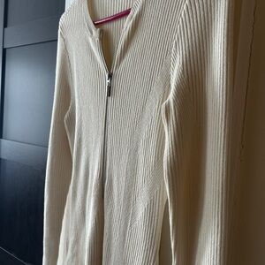 Guess Cream Long Sleeve Ribbed Dress